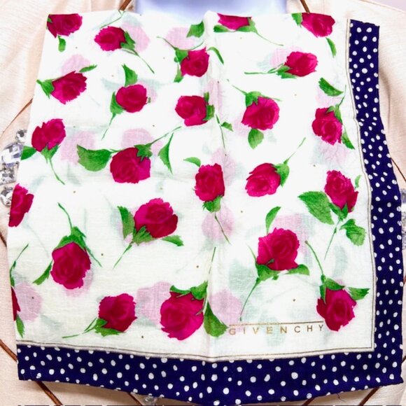 New Unused Givenchy  WOMEN Mini Scarf cotton 18"  black white dott red roses(95 - Picture 2 of 7